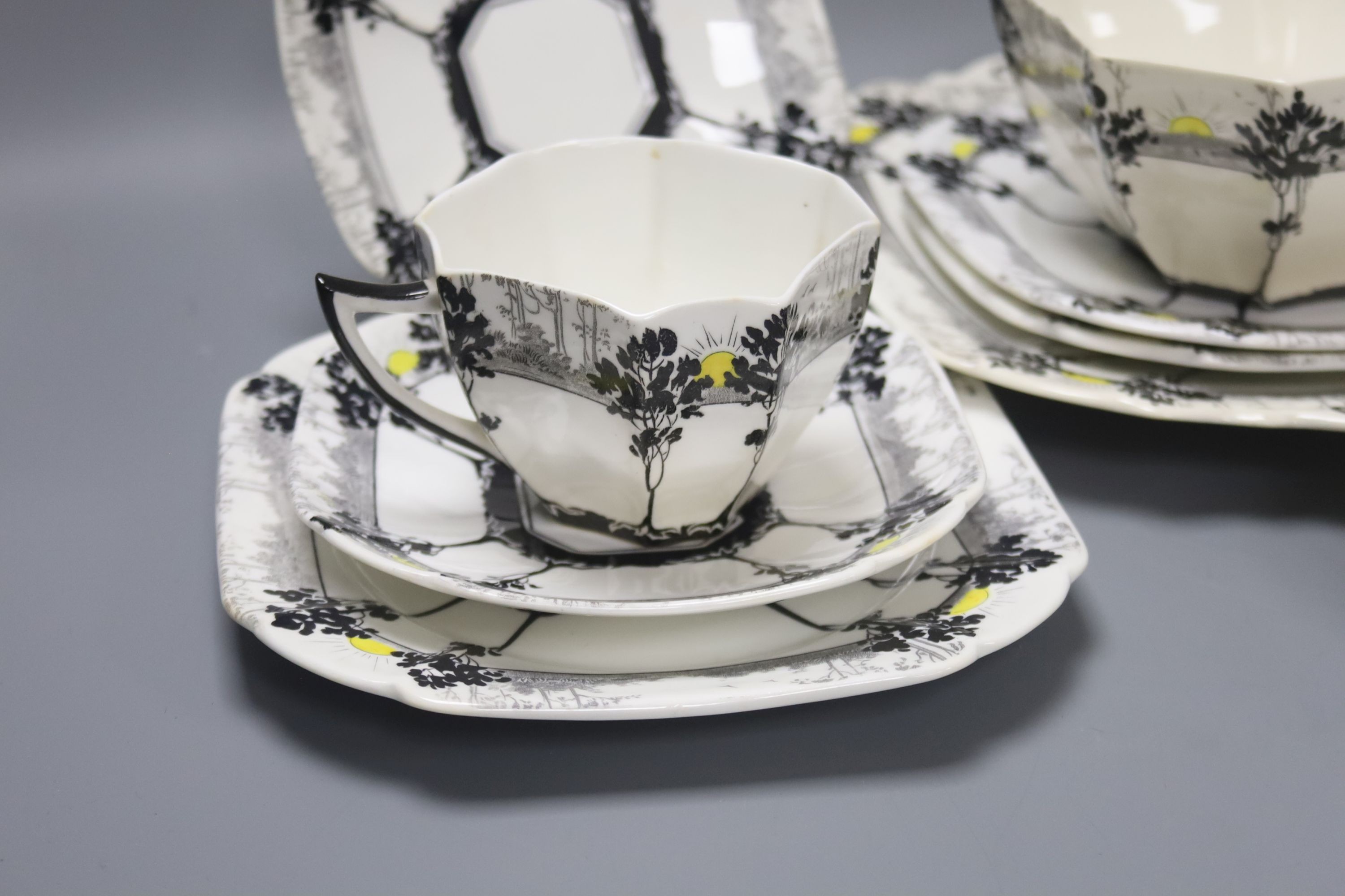 A Shelley Art Deco 'Sunrise and Tall Trees' pattern tea set